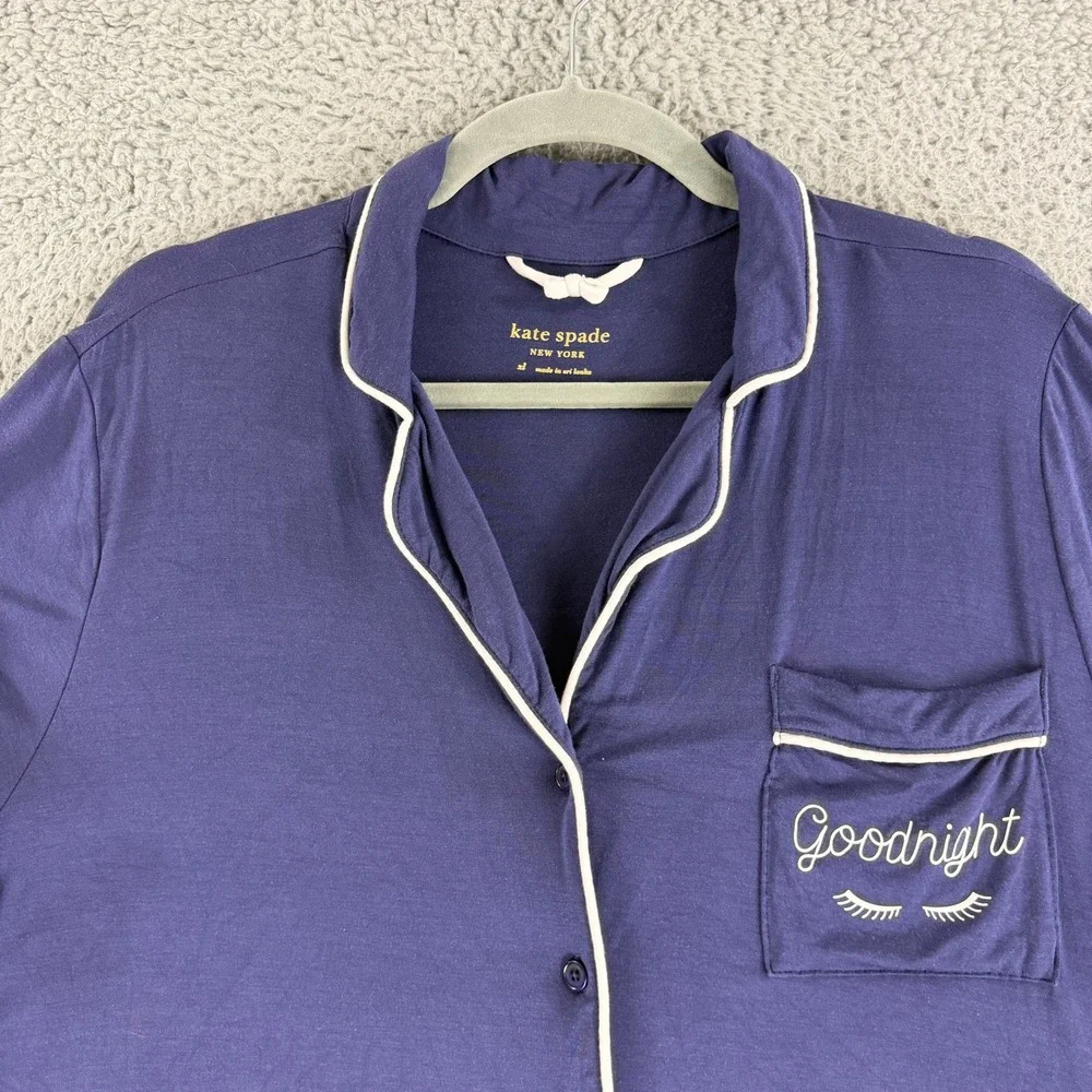 Kate Spade Pajama Set Women XL Blue Modal‎ Goodnight Embroidered Short Sleeve